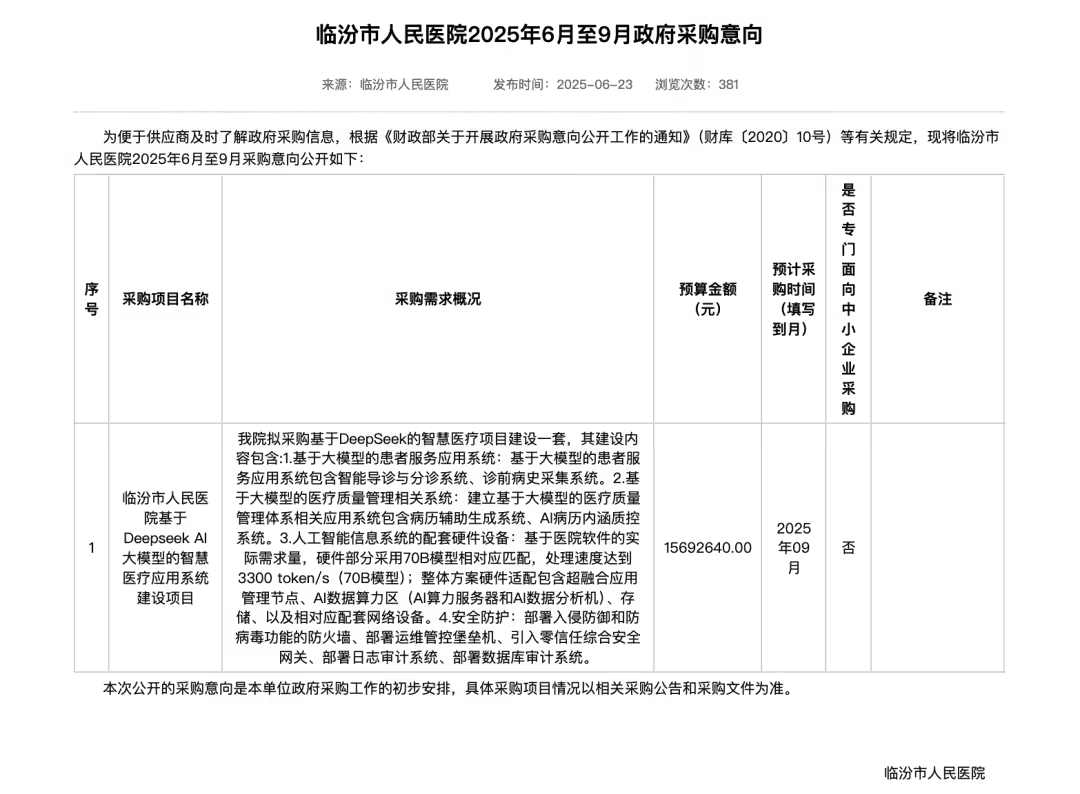 112d086cj00syerye004md000u000m2p 罕见千万级大单:山西临汾将打造“AI医院”,部署 DeepSeek